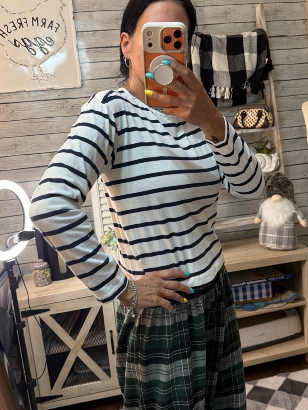 French Connection Striped Long-Sleeve Crewneck Top - White & Navy